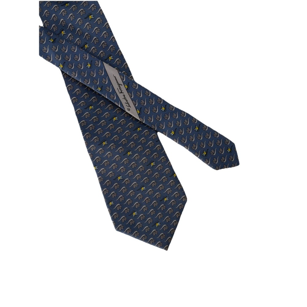 Salvatore Ferragamo Silk Necktie Blue Elephant Print Italy 100% Silk Luxury Tie